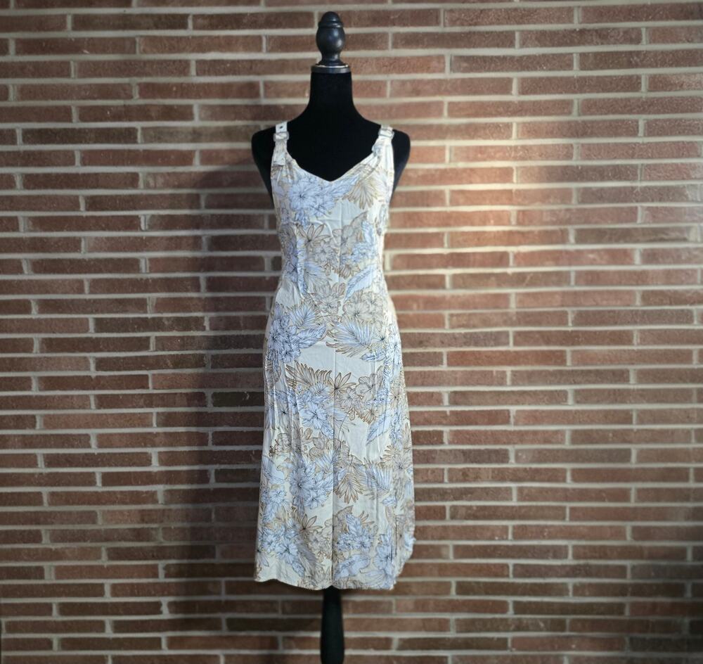 Skye's the Limit Sleeveless Tropical Floral V-Neck Dress Medium Cream Tan Blue